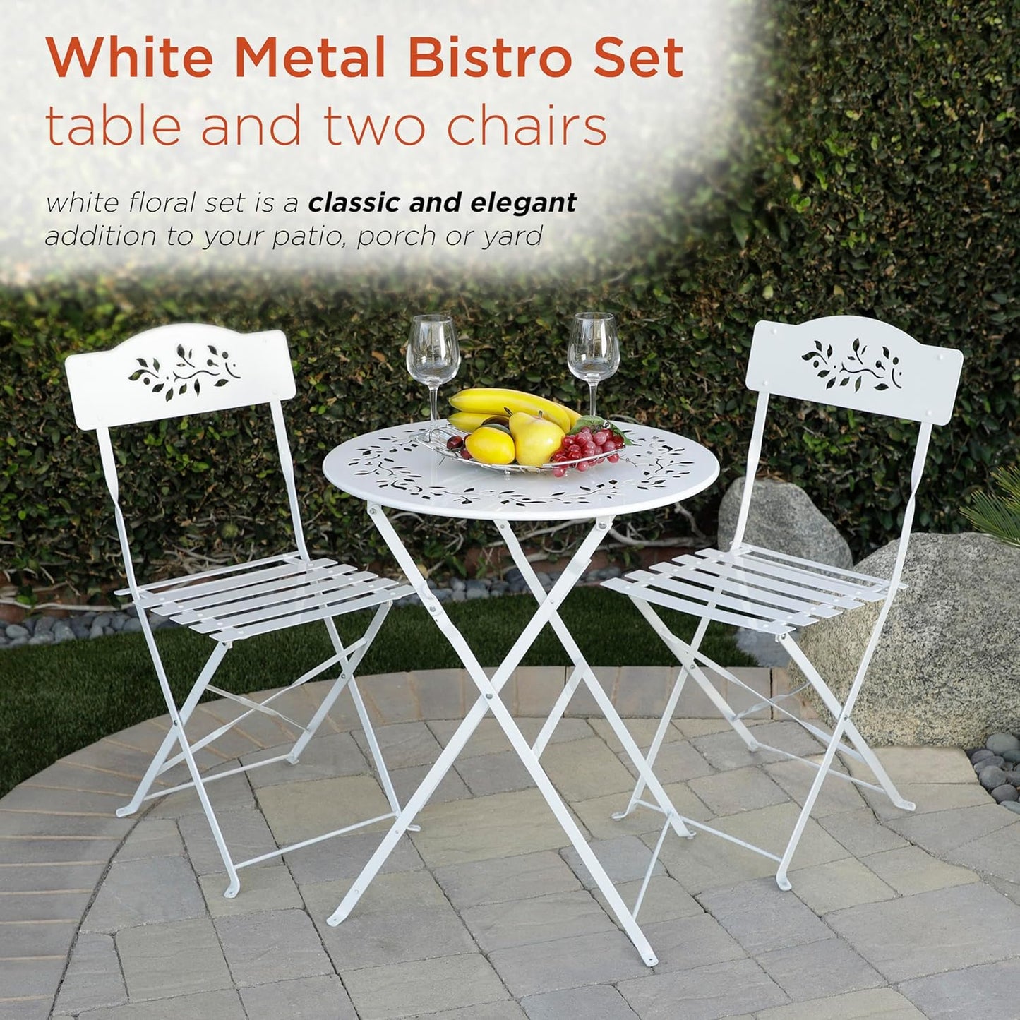 Alpine Corporation Indoor/Outdoor 3-Piece Bistro Set Folding Table and Chairs Patio Seating, White