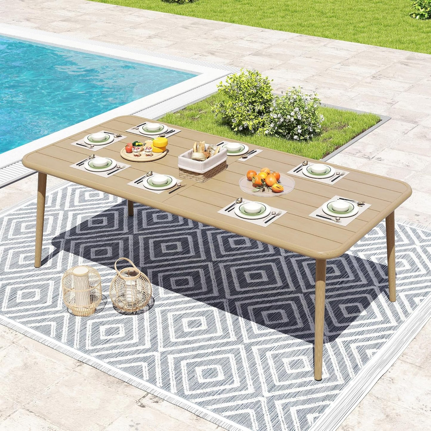 HAPPATIO Outdoor Dining Table for 8, Large Rectangular Aluminum Frame Patio Dining Table, Wood-Like Tabletop with 2" Umbrella Hole for Deck, Backyard, Lawn, Garden