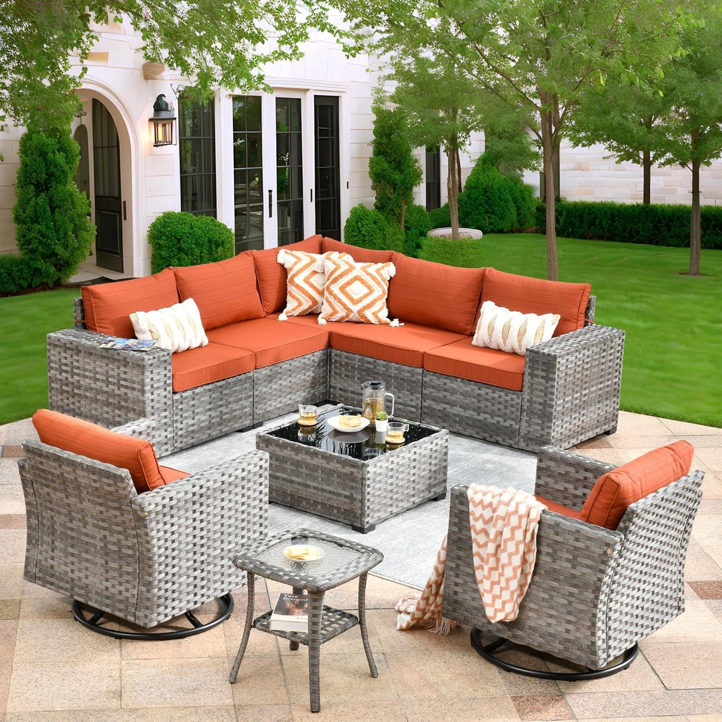ovios 9 Pieces Patio Furniture Set, Outdoor Wicker Sectional Sofa with 2 Swivel Chairs Coffee Table, Modern Modular Deep Seat Rattan Couch Conversation Sets, Orange Red