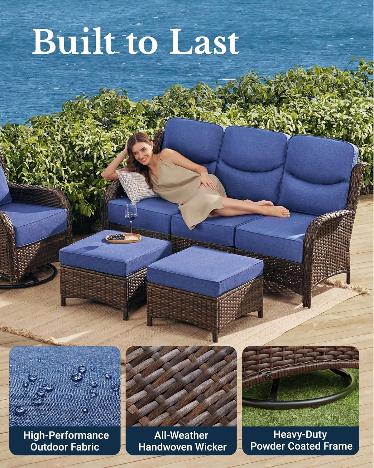 HILLGA Luxury Patio Furniture Set with 6-Inch Thick Cushions, High Back Outdoor Swivel Rocker Chairs and Patio Couch, 6-Piece All Weather Conversation Set for Porch Deck Pool Yard, Blue (V3)