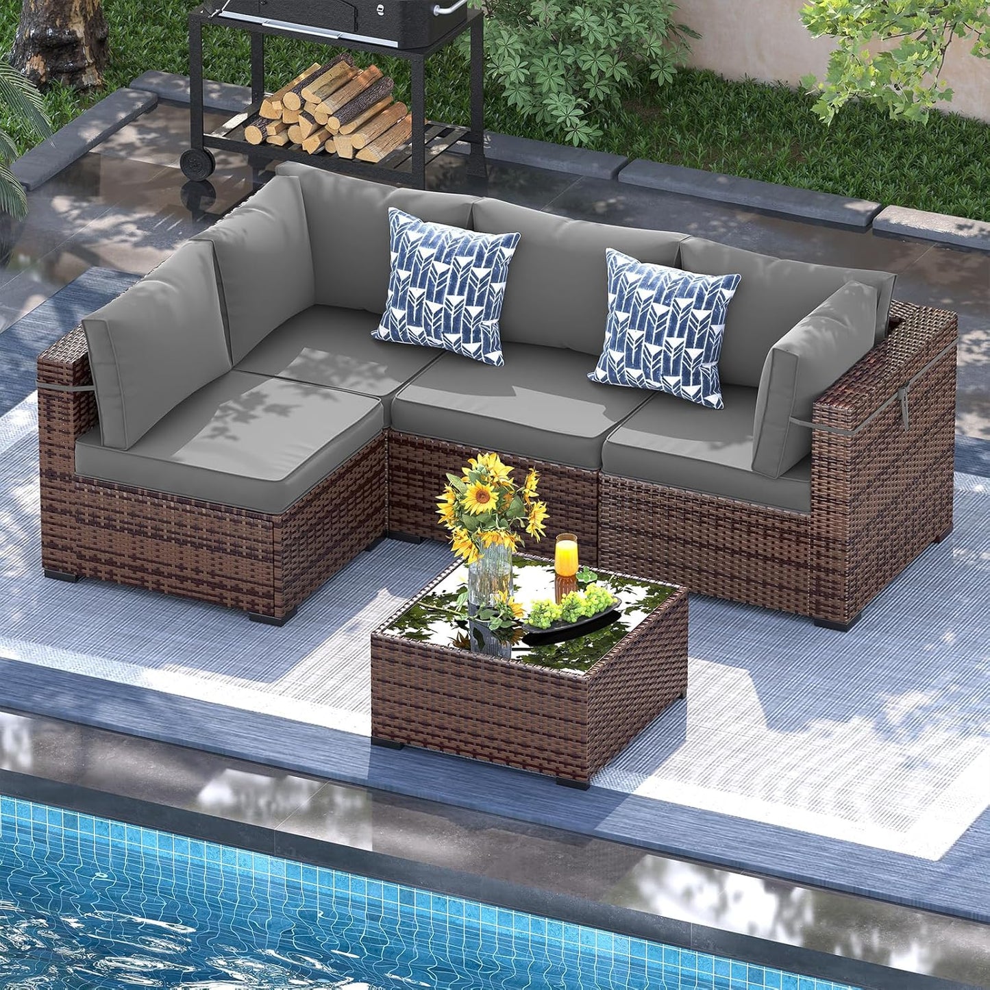 UDPATIO 5 Piece Patio Furniture Set, Outdoor Sectional Modular Sofa with 4'' Thickened Cushions, Wicker Outdoor Furniture Conversation Sets with Waterproof Cover for Backyard Deck(Brown/Dark Grey)