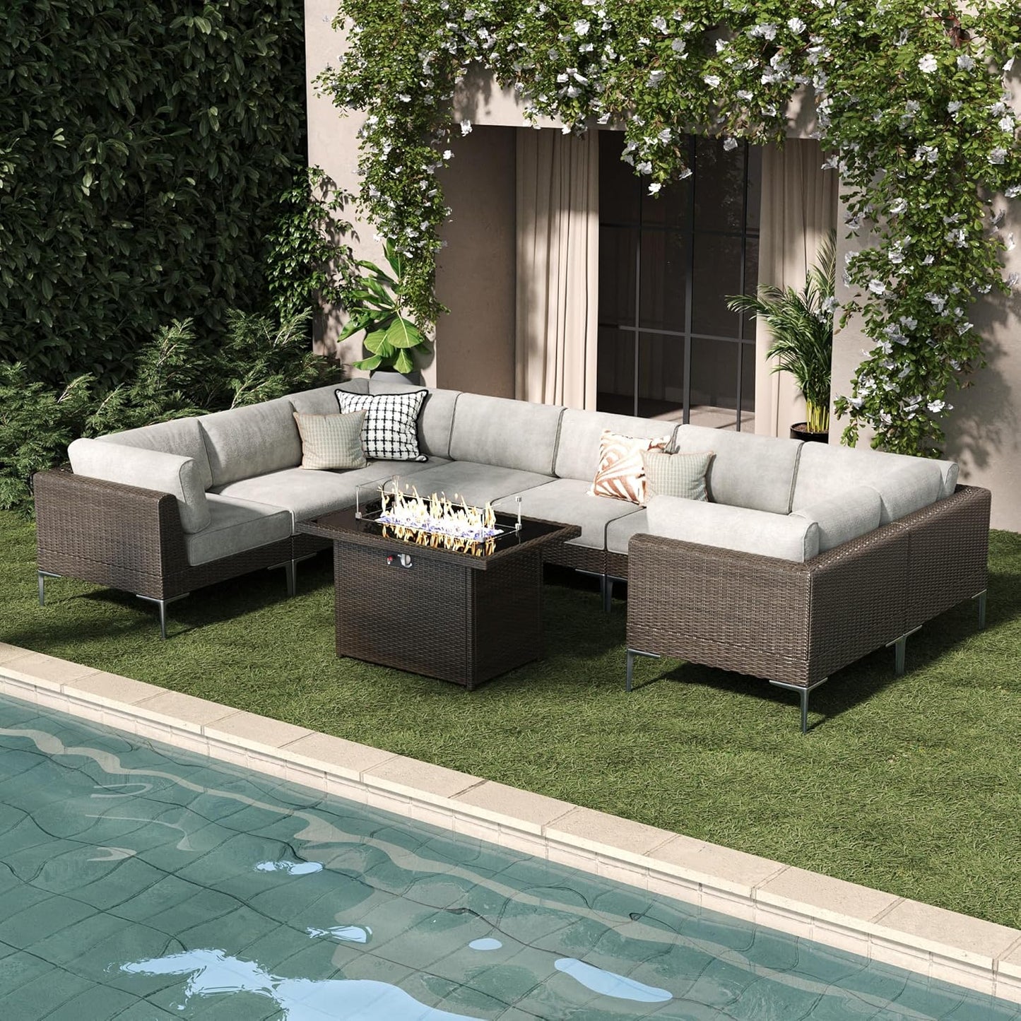 LayinSun 9-Piece Outdoor Modular Wicker Sectional Sofa with Fire Pit Table, Patio Furniture Conversation Set with Deep Seating and Thick Cushions