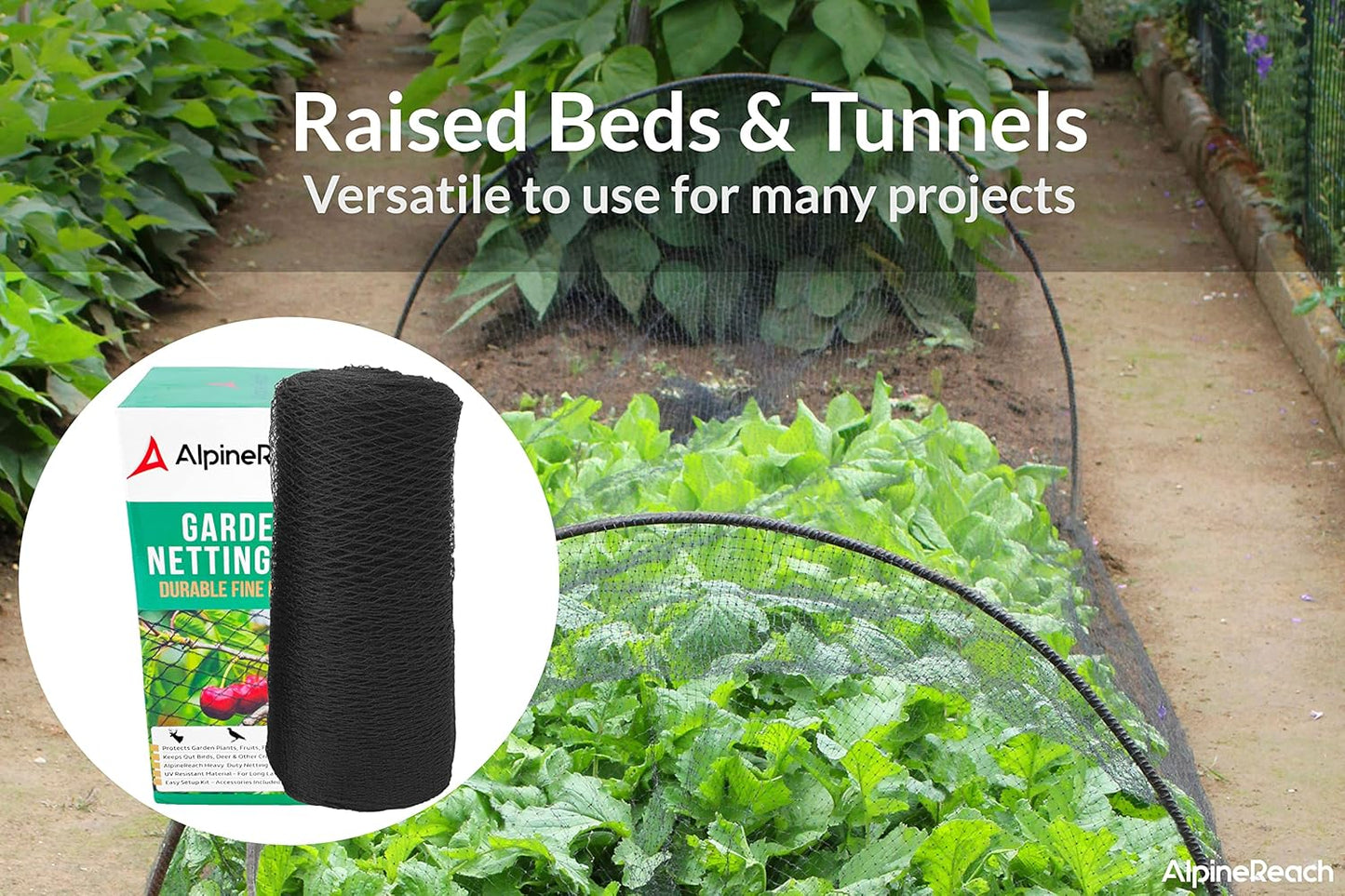 AlpineReach Garden Netting 7.5 x 100 ft Heavy Duty Bird Net, Deer, Plant Protection Extra Strong Woven Mesh, Reusable Kit with Zip Ties, Animal Fencing for Fruits Trees, Black