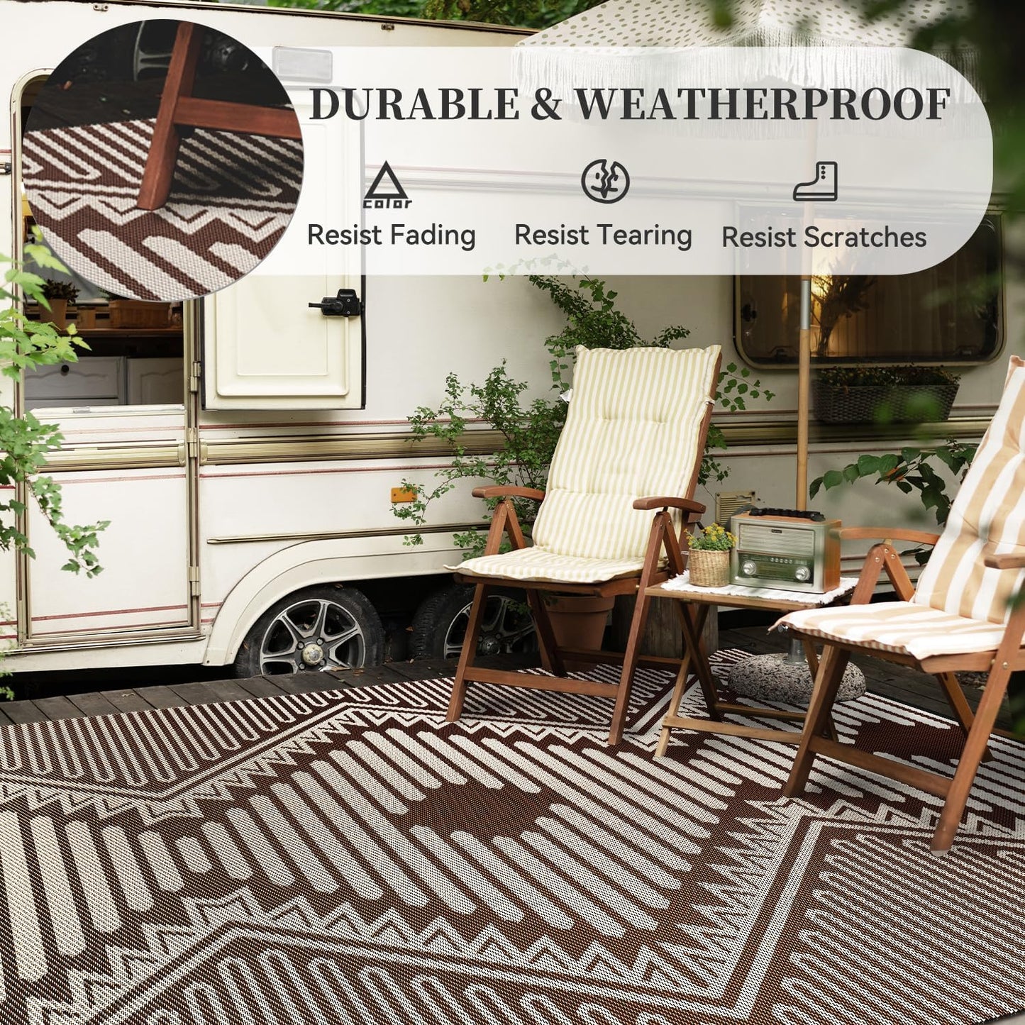 MontVoo Outdoor Rug 8x10 Waterproof Patio Rug-Outdoor Carpet Mat Reversible Plastic Straw Outside Outdoor Rug for RV Camping Picnic Balcony Backyard Pool Deck Porch Modern Boho Beige Brown