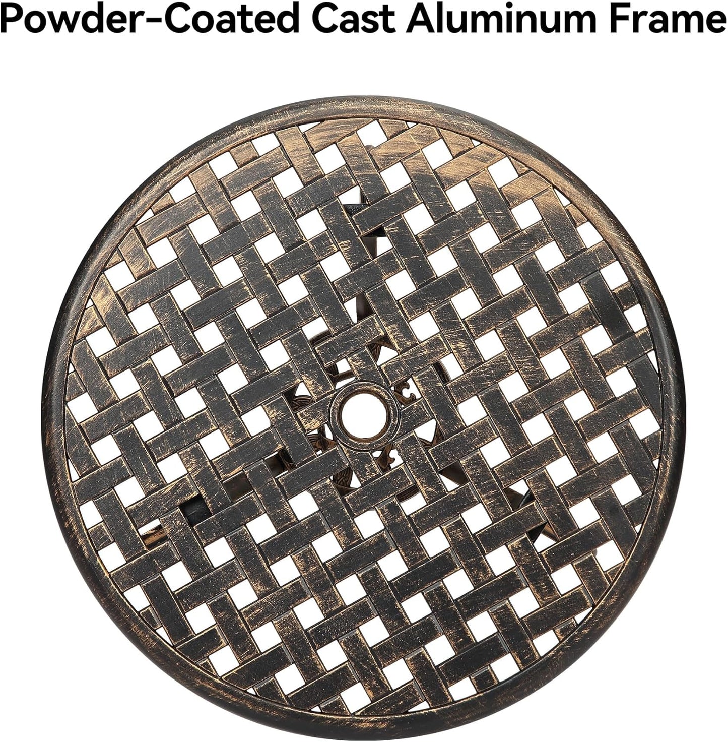 24" Outdoor Round Patio Bistro Table, Cast Aluminum Outdoor Cafe Table with 2 inch Umbrella Hole for Porch,Backyard,Garden, (Classic Square Pattern, Brown)