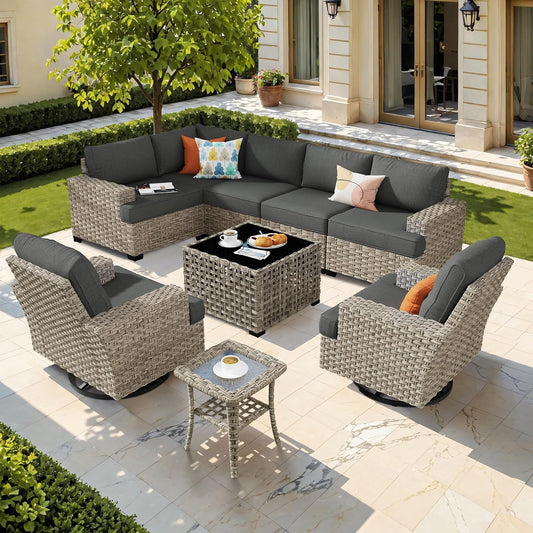 HOOOWOOO Outdoor Sectional Patio Furniture Set,9 Pieces Wicker Conversation Sets L Shaped Couch,Extra Deep Out Door Sofa Outside Furniture with Swivel Chairs,Black