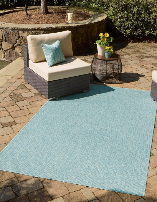Unique Loom Collection Casual Transitional Solid Heathered Indoor/Outdoor Flatweave Area Rug (6' 1" x 9' Rectangle, Aquamarine/Ivory)