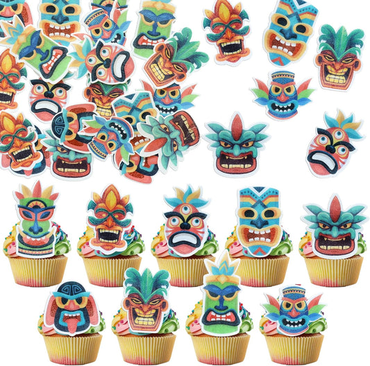 Ephlyn 54Pcs Edible Tiki Tribal Masks Cupcake Toppers Wafer Paper Hawaiian Tropical Tiki Totem Cupcake Picks Summer Aloha Birthday Cupcake Decorations Party Supplies Multicolor