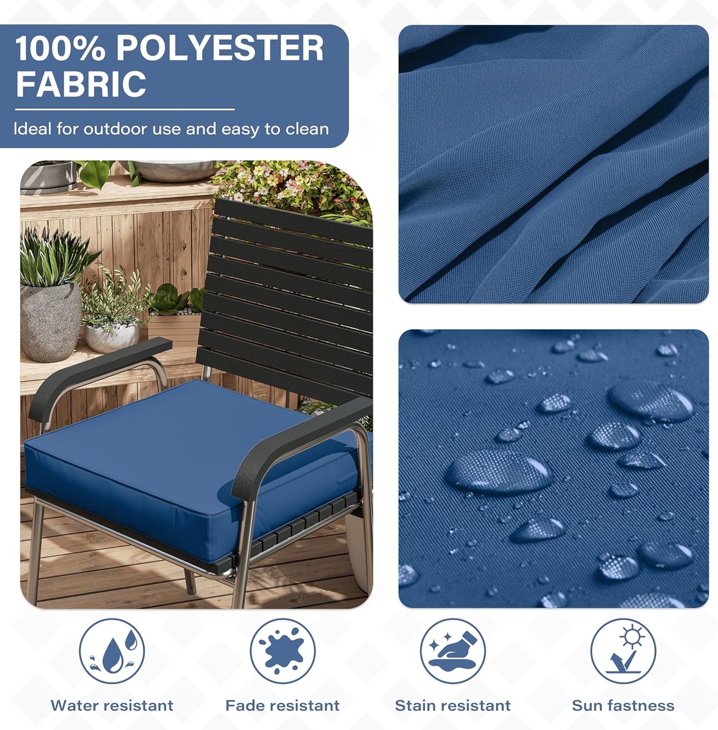 Patio Chair Cushions 18.5 X 16 X 4 Inch Waterproof Outdoor Seat Cushions for Patio Furniture, Outdoor Sofa Couch Pads with Ties & Handle, Set of 2, Blue
