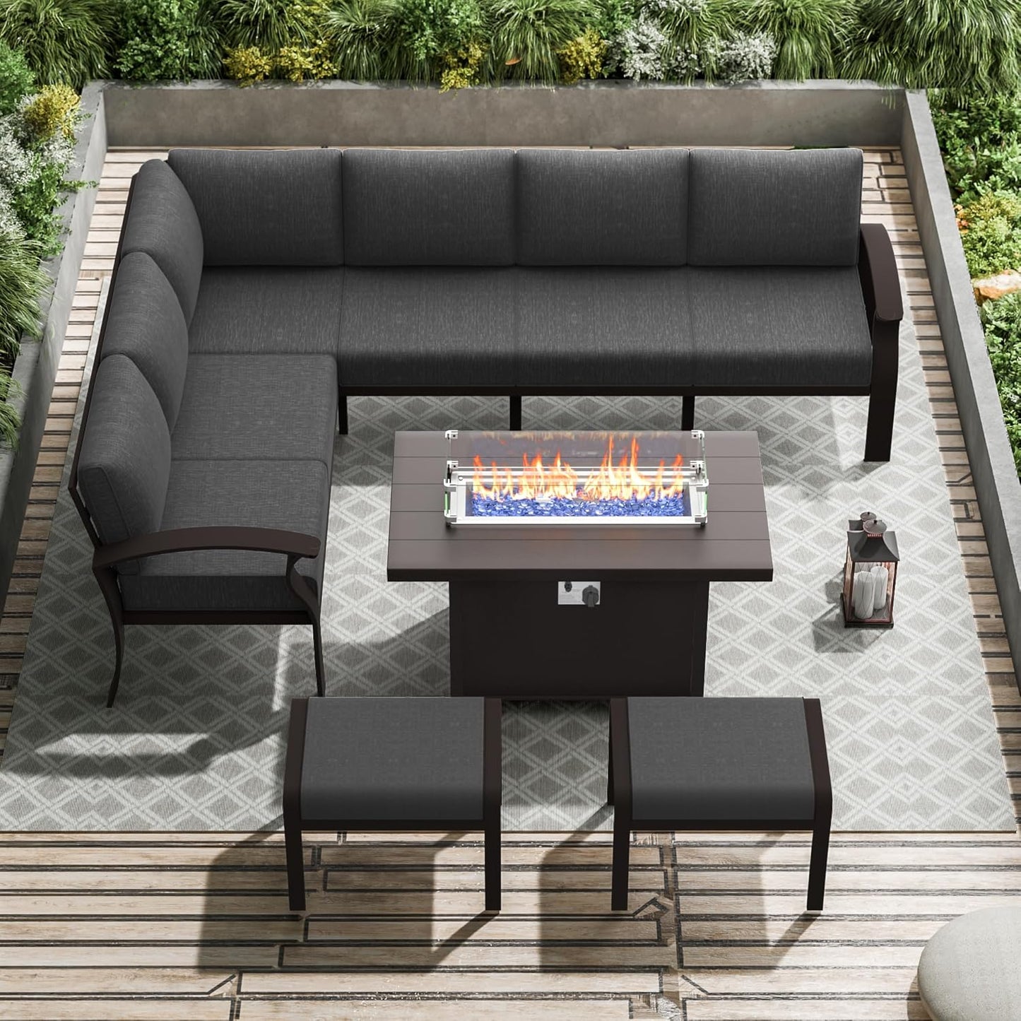 Aluminum Patio Furniture Set with Fire Pit Table, 8 Seats Outdoor Patio Conversation Set Modern Metal Patio Sectional Sofa w/5.1" Upgrade Cushions for Porch, Patio, Backyard(Grey).