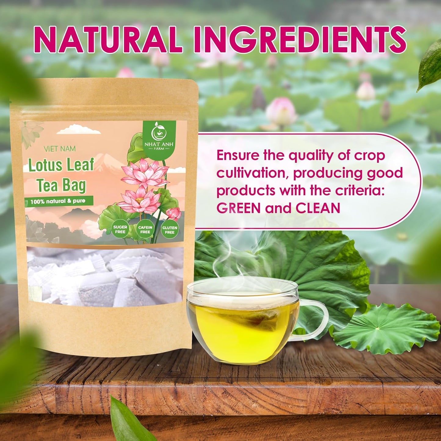 NHAT ANH FARM - Premium Lotus Leaf Tea Bags, 40 Teabags, 100% Natural, Hand-Selected Lotus Leaf Tea Bags, No Additives, Sugar-Free,Caffeine-Free. Good For Your Health.