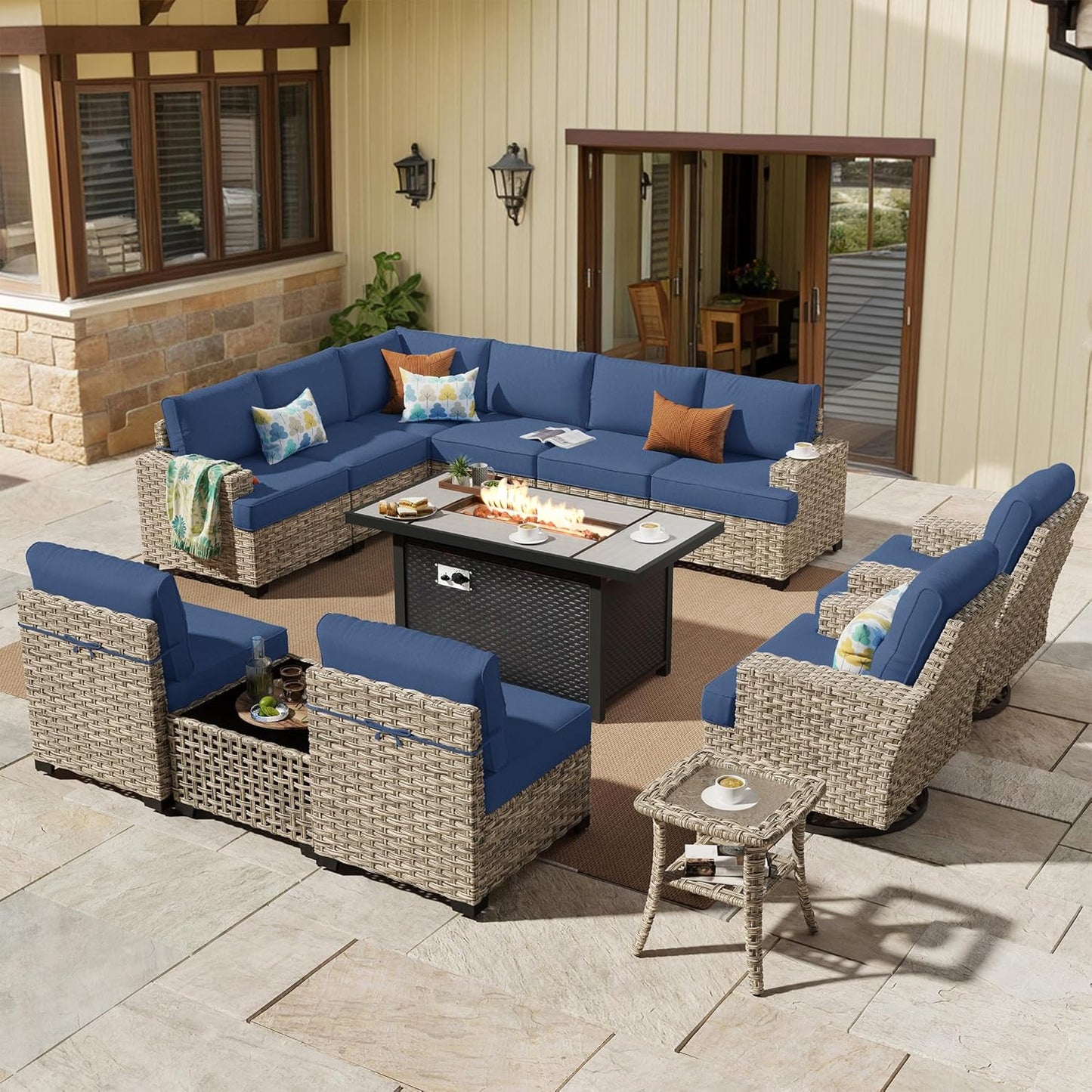 HOOOWOOO Outdoor Sectional Patio Furniture Set with Fire Pit Table,13 Pieces Wicker Conversation Sets L Shaped Couch,Extra Deep Out Door Sofa Outside Furniture with Swivel Chairs,Denim Blue