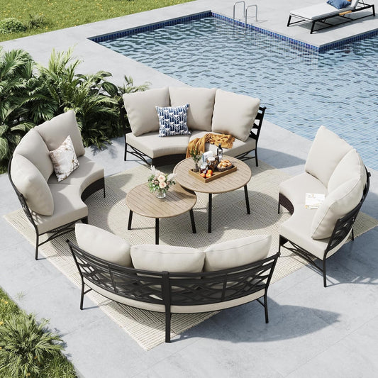 MFSTUDIO Patio Furniture Set, 8 Seats Half-Moon Curved Outdoor Sectional Sofa Conversation Set, Woven Rattan Patio Couch with 2 Wood-Like Round Coffee Table