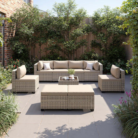 9-Piece Patio Furniture Set, Outdoor with Ottomans, Modular Patio Sofa, Dual-Strand Wicker Rattan, Rust-Resistant Frame, Backyard Furniture for Garden, Deck, Sand