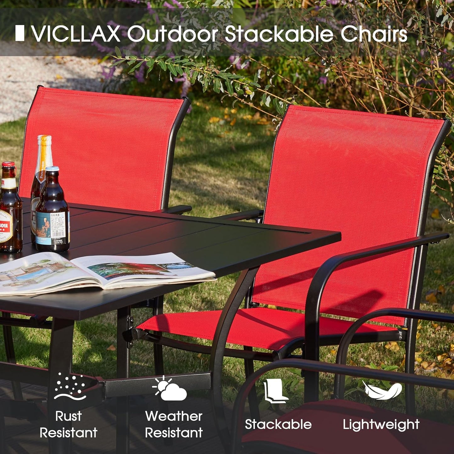 VICLLAX 5 Pieces Patio Dining Set, Outdoor Furniture Set Includes 1 Square Patio Table and 4 Stackable Patio Sling Chairs, Outdoor Table and Chairs for Outsides, Black Table and Red Chairs
