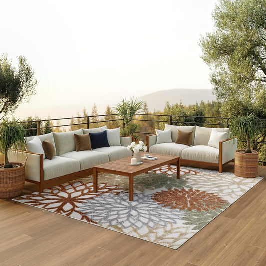 Nourison Home Aloha Indoor-Outdoor Ivory Multicolor 7'10" x 10'6" Area Rug, Easy Cleaning, Non Shedding, Bed Room, Living Room, Dining Room, Backyard, Deck, Patio (8x11)