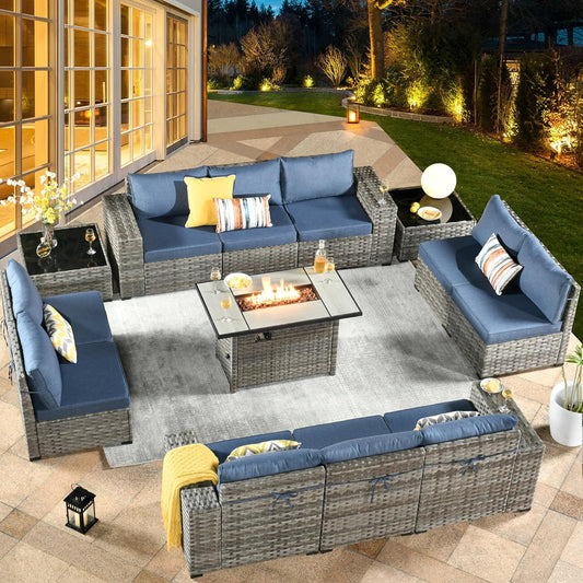 HOOOWOOO 13 Piece Modular Patio Outdoor Sectional Furniture Set with Gas Propane Fire Pit Table,Wicker Conversation Sofa Set,Out Door Couch Set with Wide Arm Outside(Denim Blue)