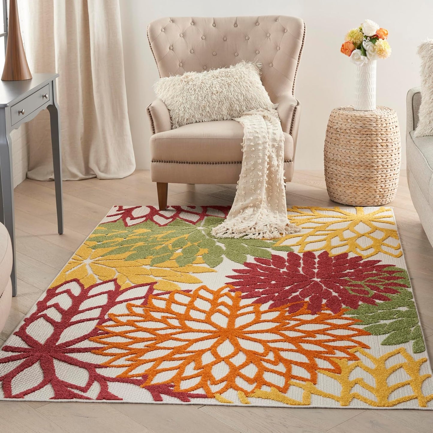 Nourison Aloha Indoor/Outdoor Red Multi Colored 6' x 9' Area Rug, Tropical, Botanical, Easy Cleaning, Non Shedding, Bed Room, Living Room, Dining Room, Deck, Backyard, Patio (6x9)