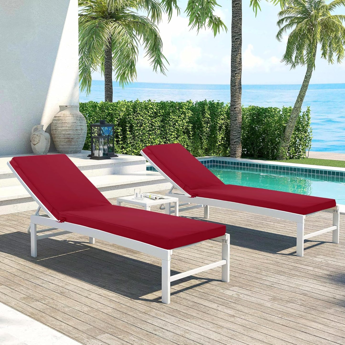 Chaise Lounge Cushions Outdoor Set of 2 - Waterproof and Fade Resistant Sun Lounger Replacement Cushions - Patio Lounger Pads with Removable Cover for Pool, Deck, Lawn, 80 x 26 x 3 Inch, Red