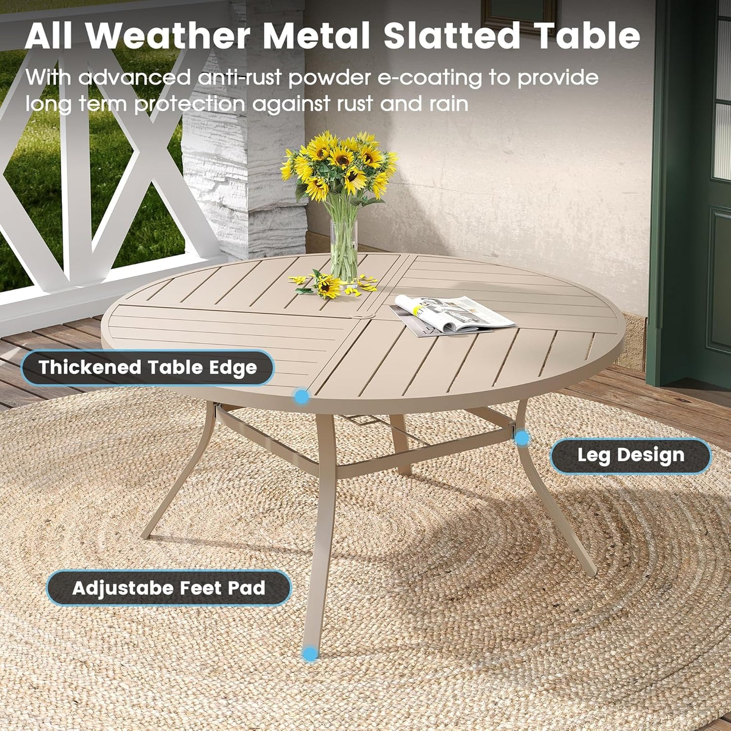 DIFY 59.8" Round Outdoor Patio Dining Table for 8-10, All-Weather Metal Steel Slatted Patio Table with 1.57" Adjustable Umbrella Hole, for Lawn Garden Porch Backyard, Sandshell