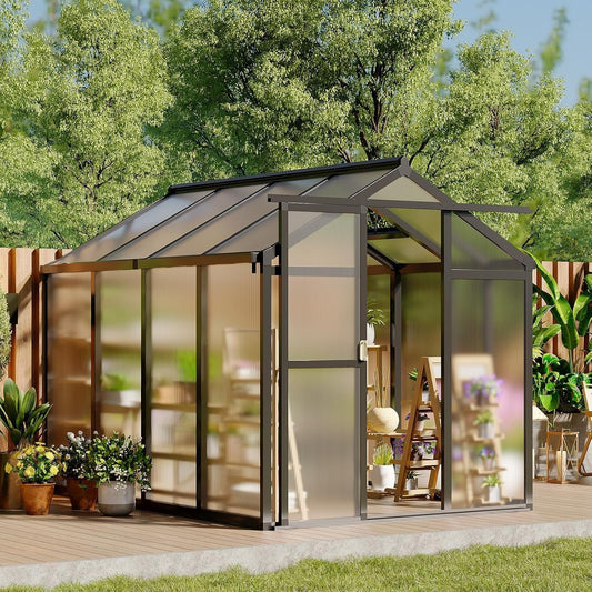 Greenhouse, 6x8 Ft Outdoor Greenhouses with Roof Vents and Sliding Doors, Aluminum Frame Polycarbonate Accessible Greenhouses, Suitable for Outdoor Gardens and Backyards, Black