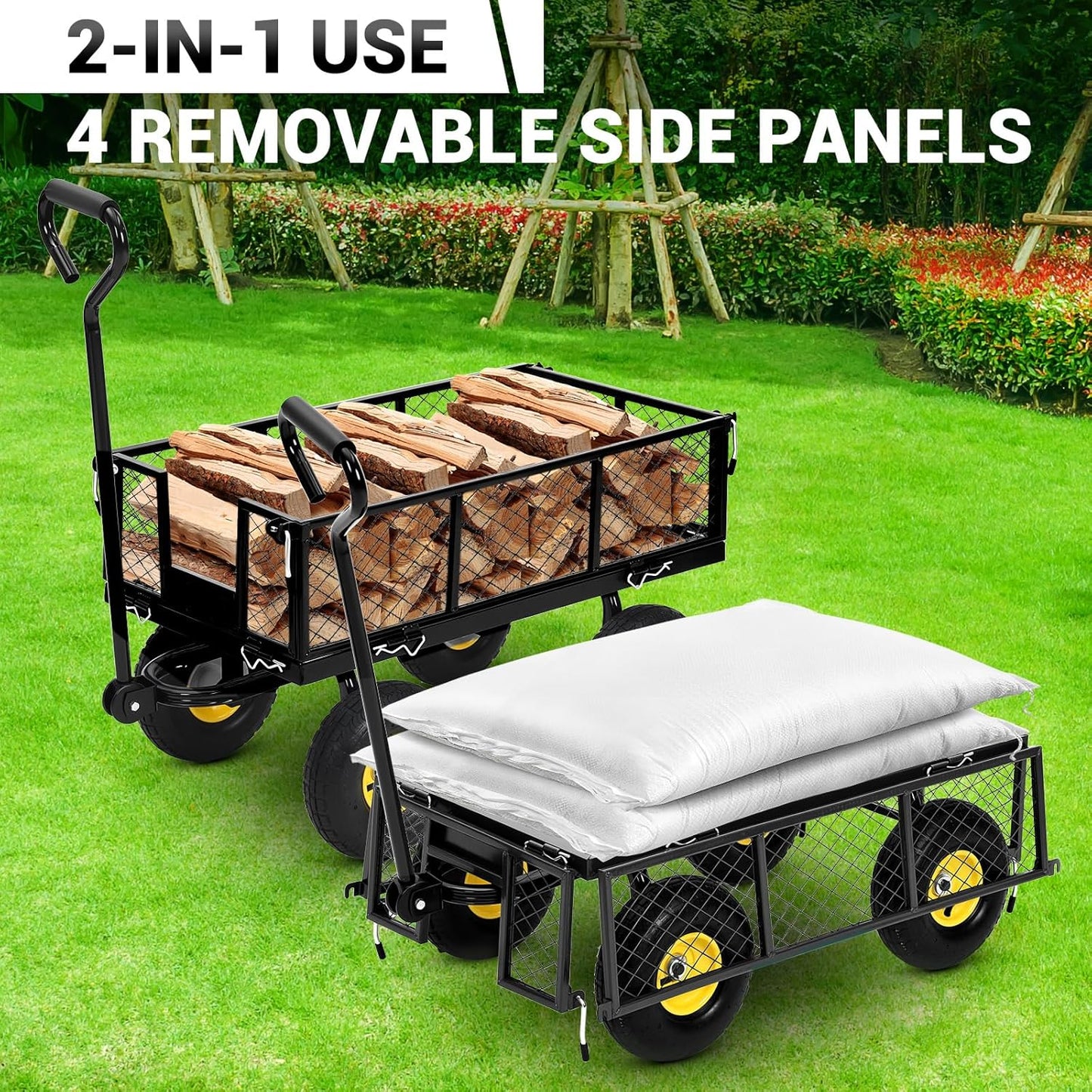 Heavy Duty Steel Garden Cart, 880LBS Pullable Metal Garden Wagon with 10" Wheels, 180° Rotating Handle and Removable Sides for Outdoor, Farm, Yard, Beach ﻿