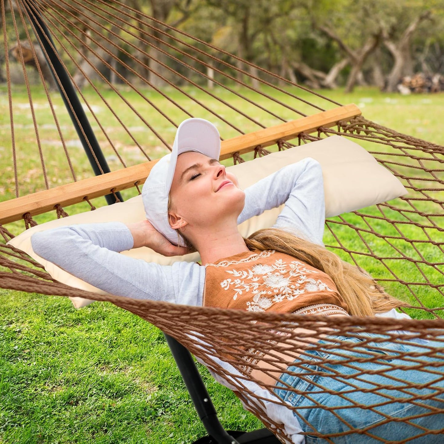 SUNCREAT Portable Hammock with Stand,Heavy Duty Standing Hammock, 450 lbs Capacity, Brown