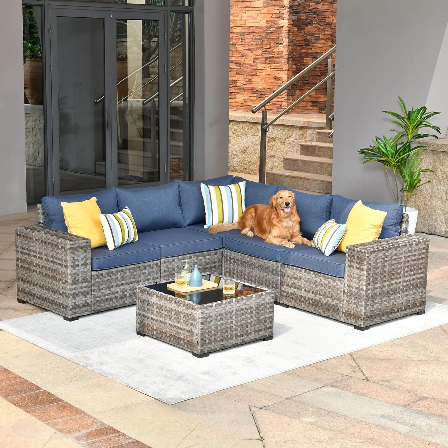 HOOOWOOO Modular Patio Outdoor Sectional Furniture Set,6 Piece Wicker Conversation Sofa Set,Out Door Couch Set with Wide Arm for Outside All Weather(Denim Blue)