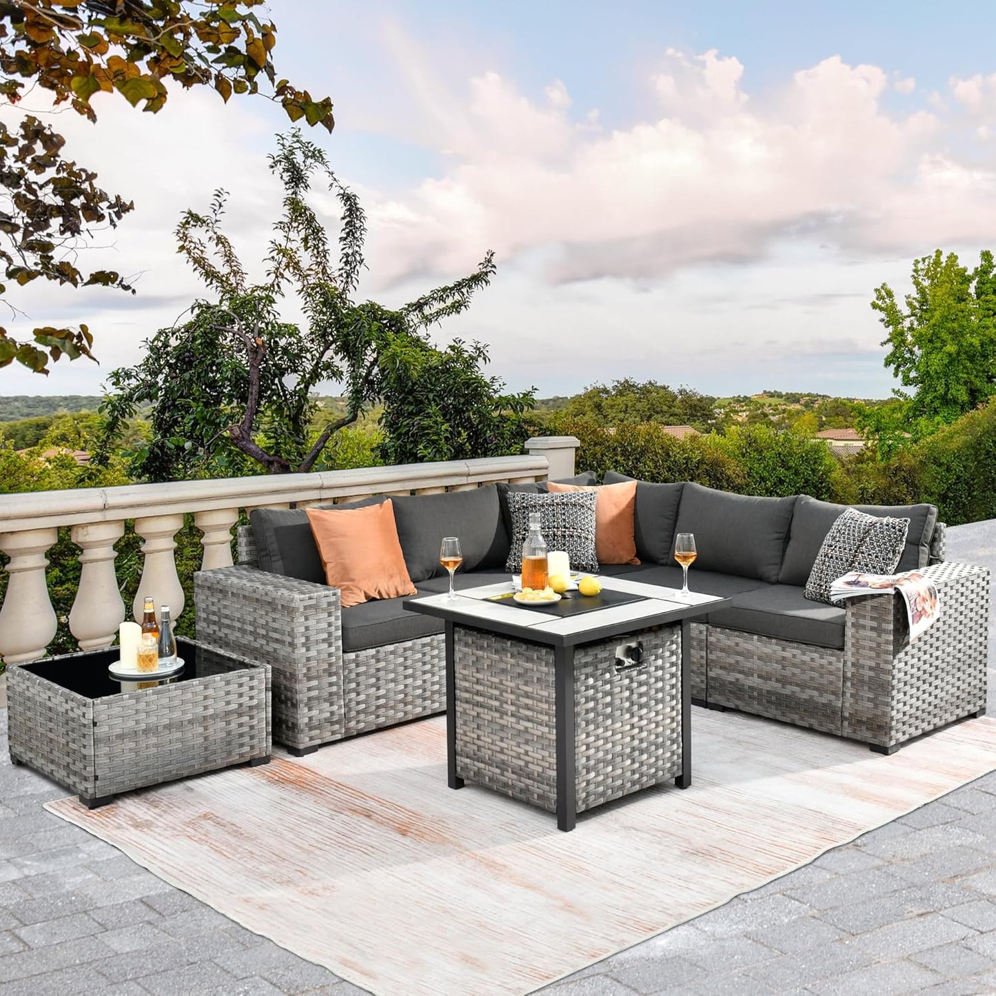 HOOOWOOO Modular Patio Outdoor Sectional Furniture Set with Gas Propane Fire Pit Table,7 Piece Wicker Conversation Sofa Set,Out Door Couch Set with Wide Arm Outside(Black)