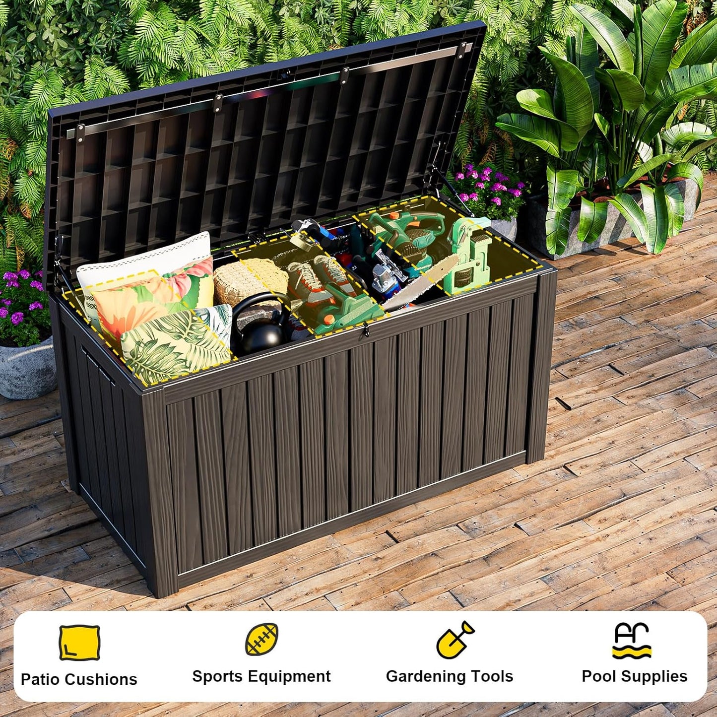 150 Gallon Outdoor Deck Box,Storage Lockable Waterproof Patio Furniture,Garden Tools,Cushions,Pool Accessories Outside Storage Resin Box(Black)