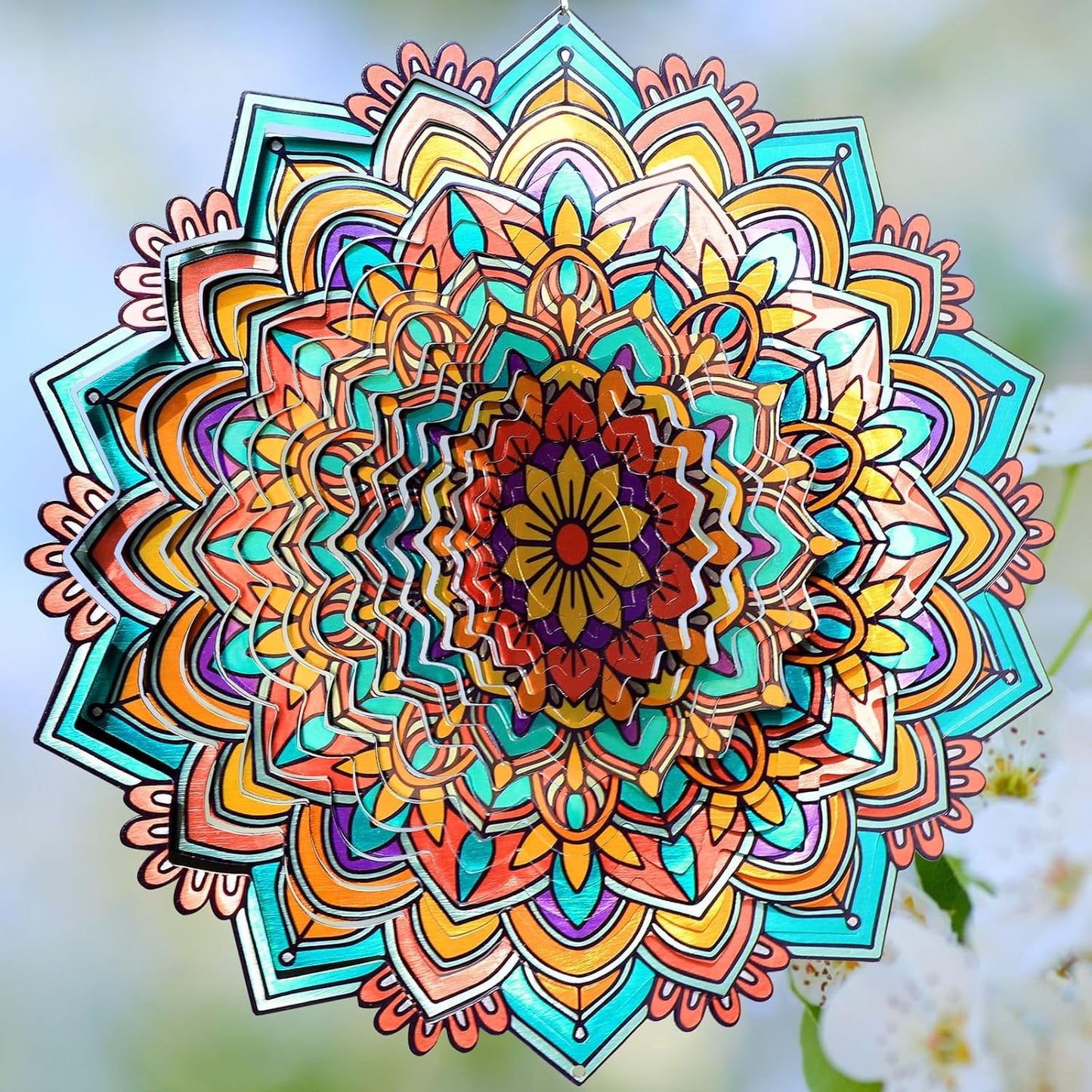 Mandala Daisy Wind Spinner - 12In 3D Kinetic Metal Wind Spinners, Stainless Steel Laser Cut Hanging Wind Sculpture, Indoor/Outdoor Garden & Yard Art Decor Gifts for Women, Men & Holidays