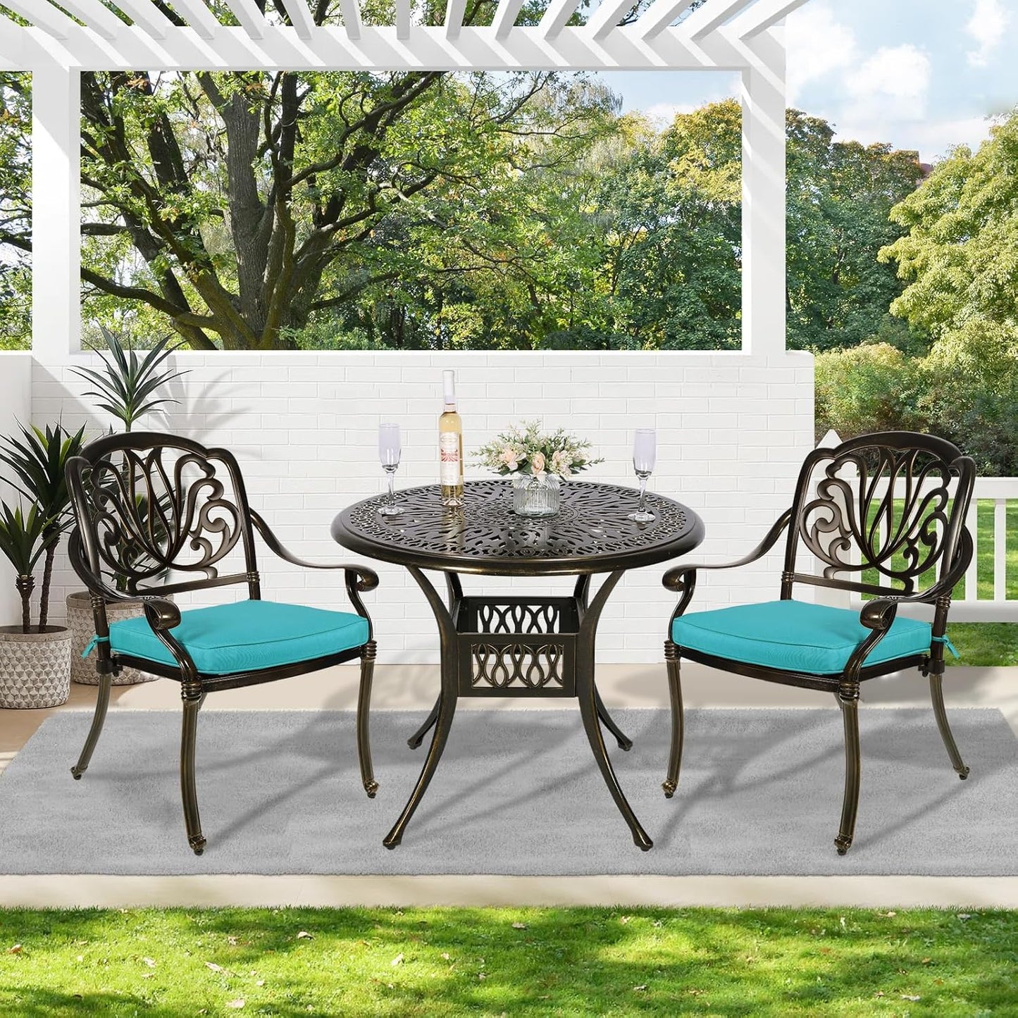MEETWARM 3 Piece Patio Bistro Set, Outdoor All-Weather Cast Aluminum Dining Furniture Set Includes 2 Cushioned Chairs and a 35.4” Round Table with Umbrella Hole for Garden Deck, Ocean Blue