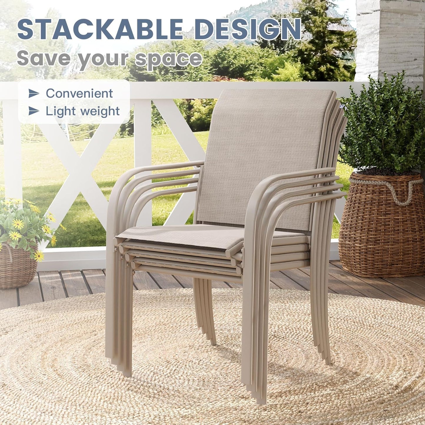 VICLLAX 7 Pieces Patio Dining Set, Outdoor Furniture Set Includes 47.2" Round Patio Table and 6 Patio Sling Chairs, Sandshell Color Tabletop and Fabric