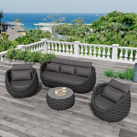 Woven Rope Patio Furniture Set: 4 Pieces Aluminum Outdoor Conversation Sofa Set Assembled - Modern Couch Set Cushioned - All Weather Metal Porch Seating for 5 Person Deck Garden Hotel, Dark Gray