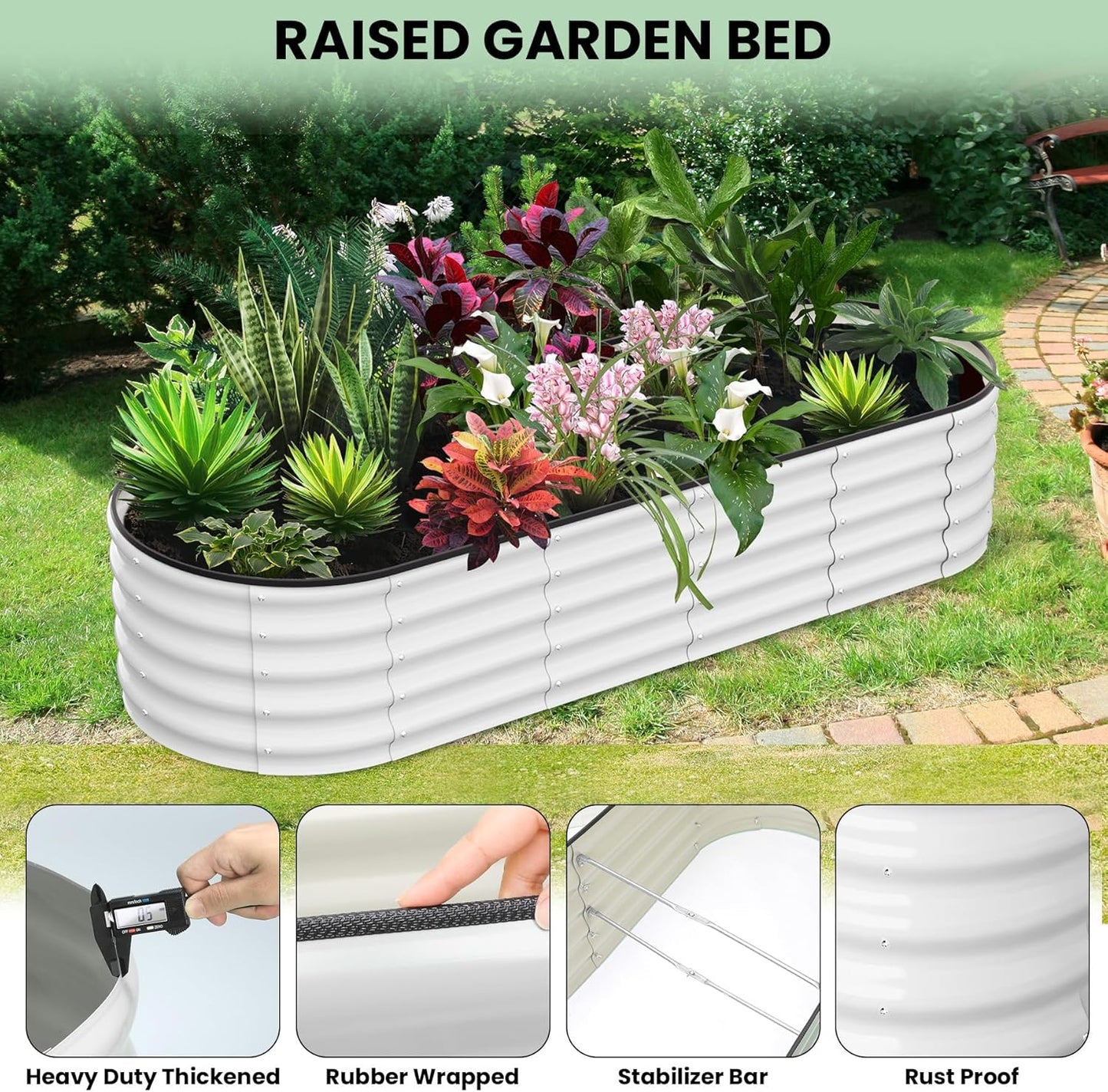 Galvanized Raised Garden Bed, 8x2x1.5Ft Metal Planter Box Outdoor, Oval Open-Ended Base Planter Raised Boxes for Vegetables Flower Herb,Beige