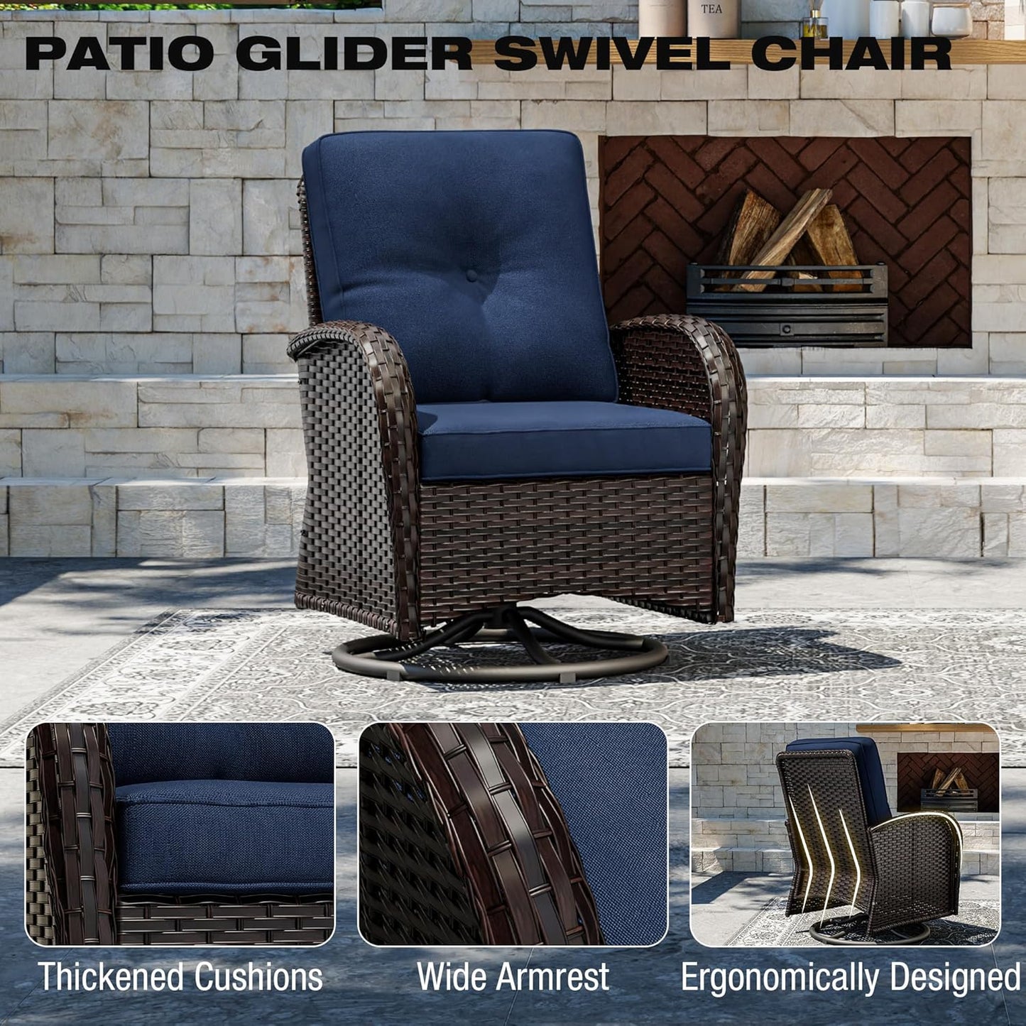 Joyside 9 Piece Patio Furniture Set, Outdoor Wicker Conversation Sets with Swivel Rocker Chairs and Sofa, Thick Cushion, Rattan Patio Sectional for Porch, Deck Use (Brown/Blue, 9 PCS)