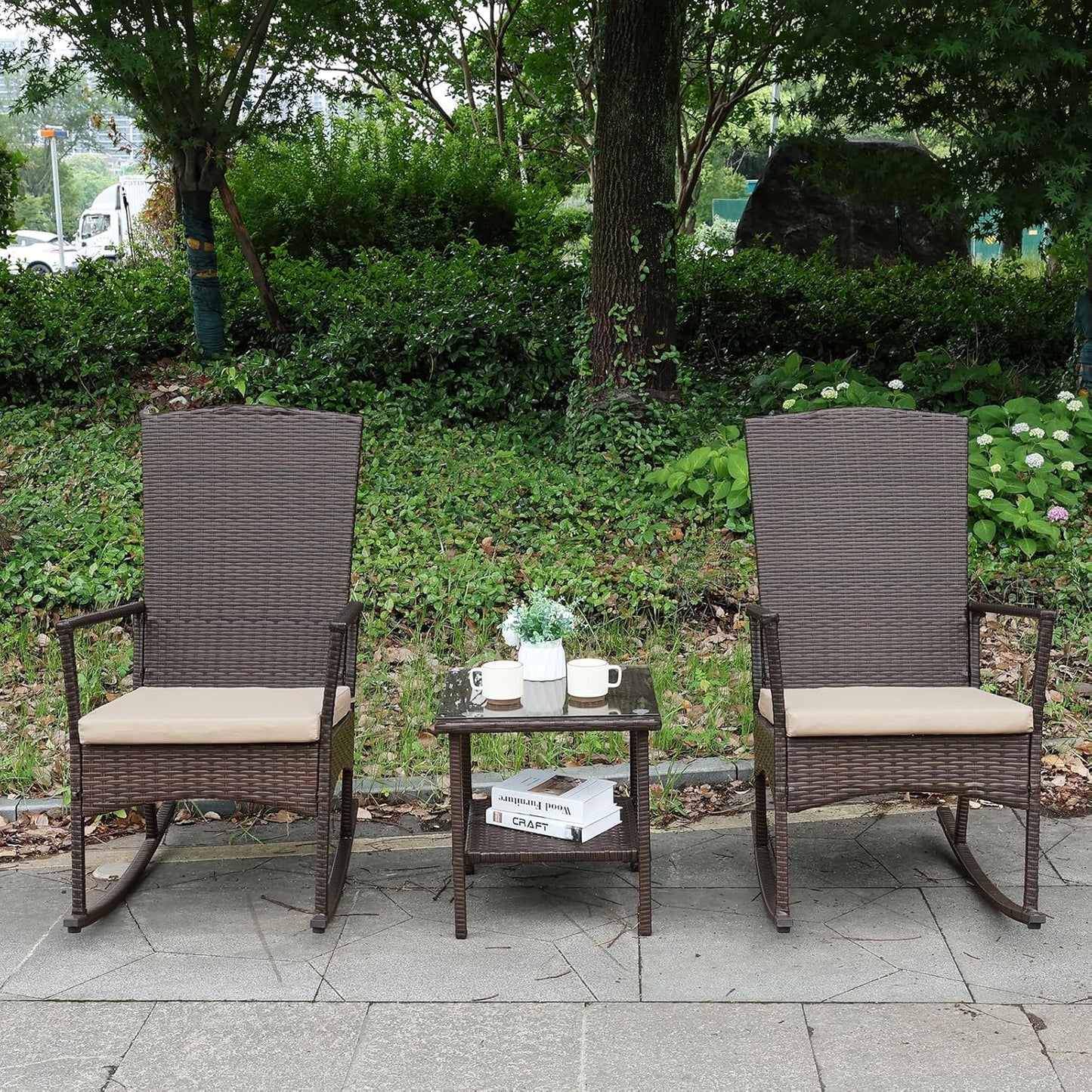 Outdoor Rocking Chair 3 Pieces High-Backed Rocking Chair Outdoor Patio Rocking Chairs Outdoor Table, Khaki