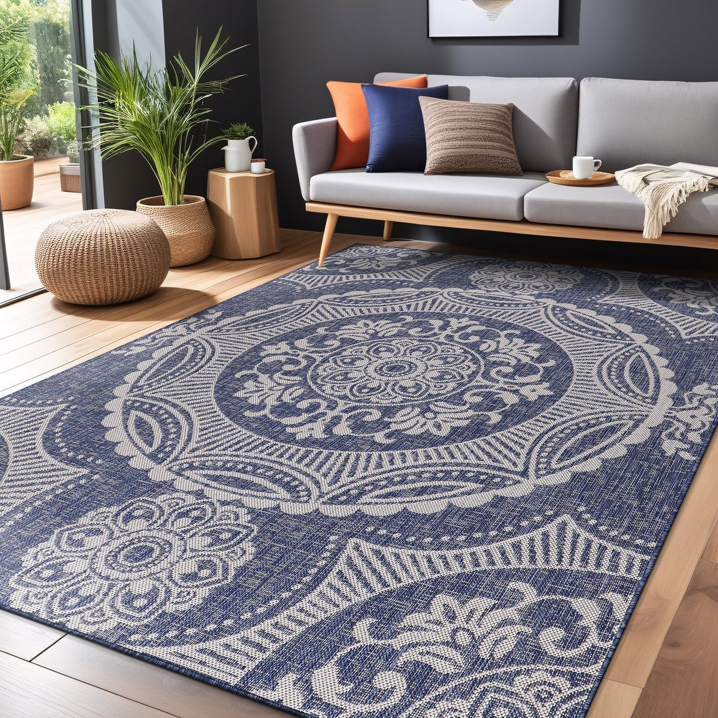 Medallion Outdoor Rug 6x9 Washable Outside Carpet for Indoor Patio Porch Waterproof Easy Cleaning Non Shedding Area Rugs Blue 6 x 9