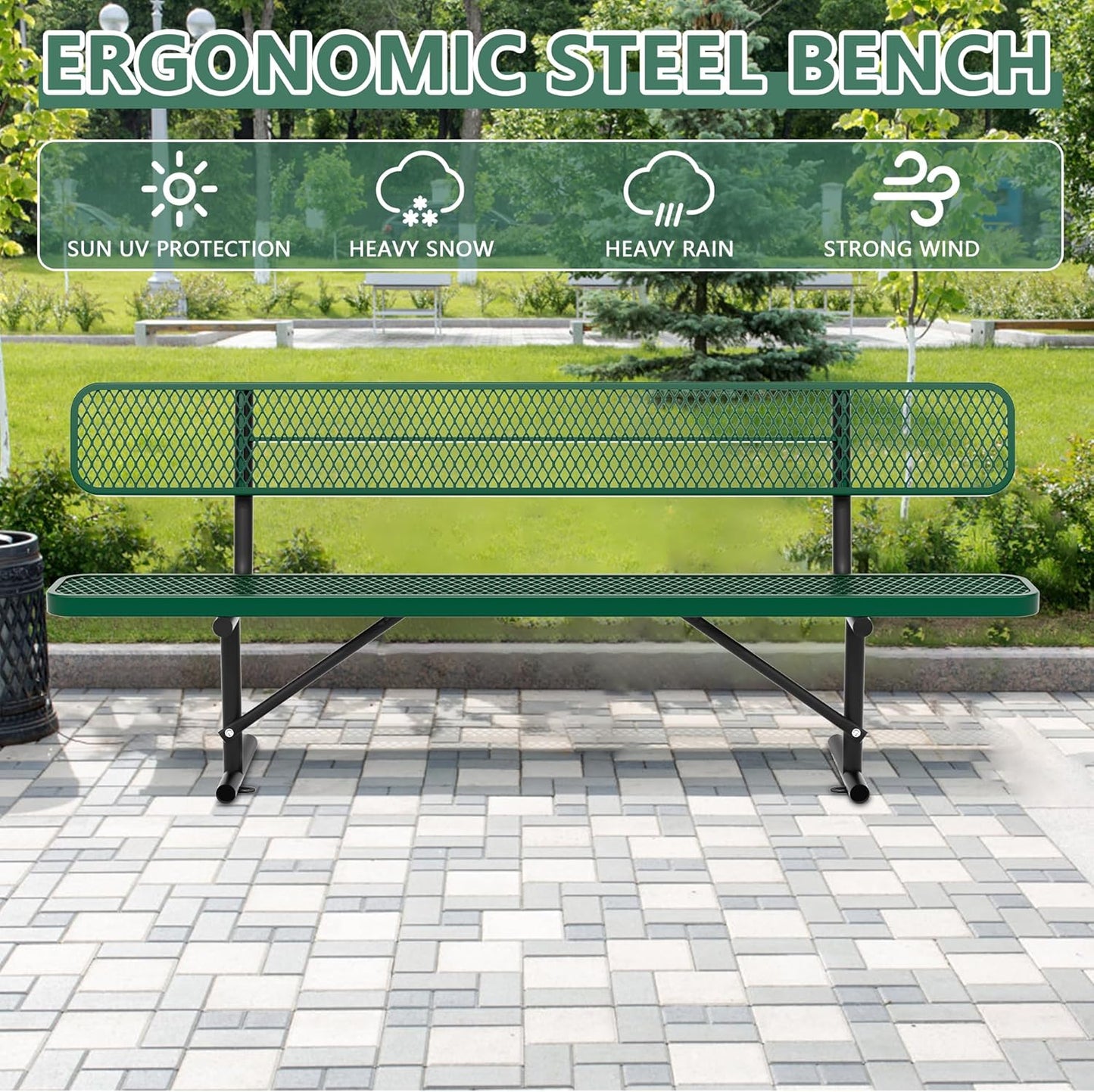 Heavy Duty Park Bench with Back Portable Frame, Outdoor Steel Bench with Backrest, Outdoor Park Bench Expanded Metal Mesh Bench for Lawn, Park, Deck, Garden, Patio, Porch, Black (Green, 8FT)