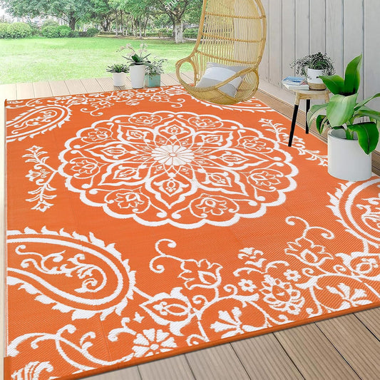 Pauwer Waterproof Outdoor Rug 6x9, Reversible Plastic Straw Patio Camping Rug, Indoor Outdoor RV Mat Carpet for Deck, Camper, Porch, Balcony, Backyard, Picnic, Boho Orange