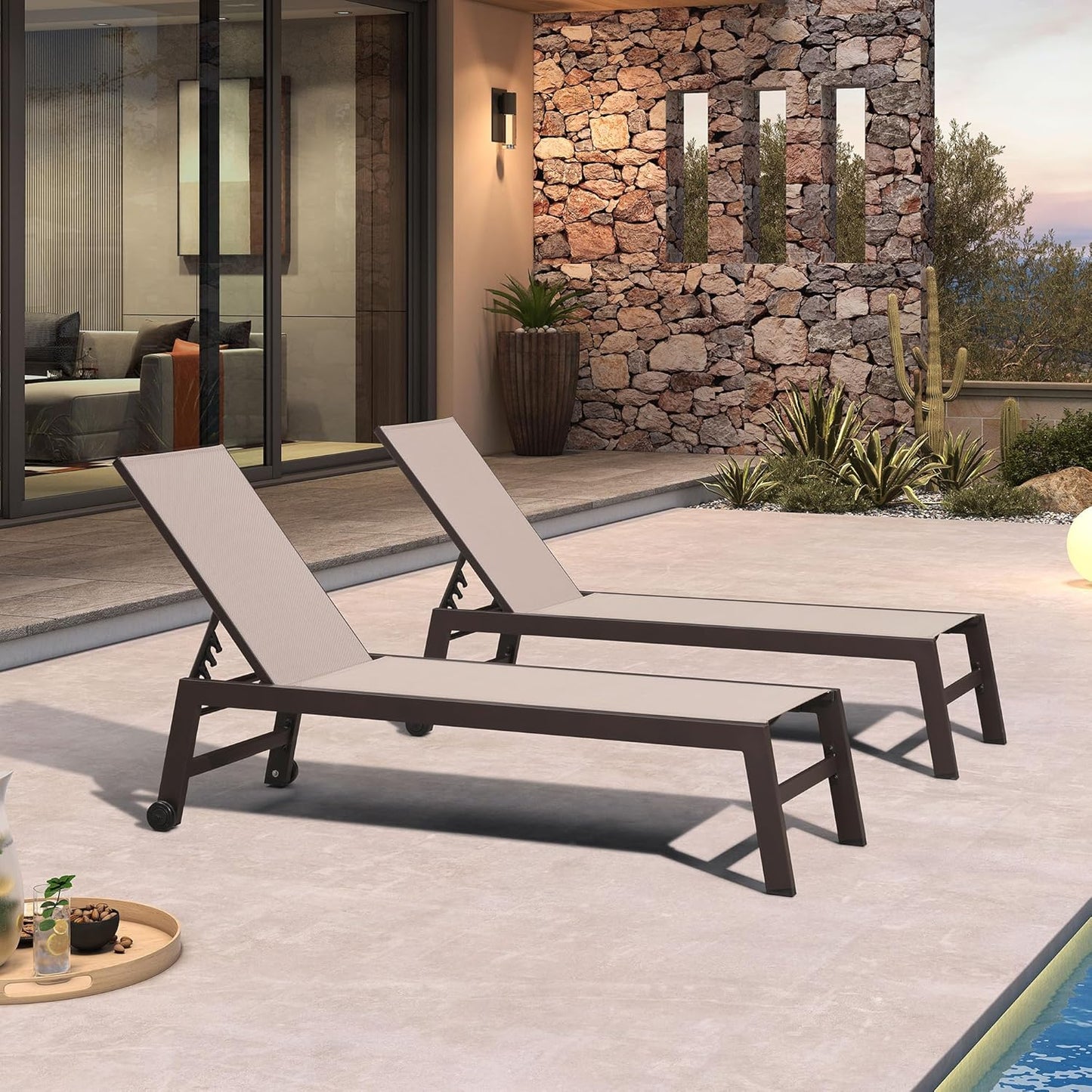 PURPLE LEAF Outdoor Chaise Lounge Chair Set of 3, Pool Lounge Chair for Outside, Aluminum Patio Chaise Lounger with Adjustable Backrest and Wheels for Deck, Outside, Lawn, Garden, Sand Beige