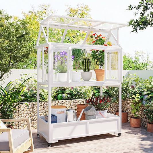 Merax 69.3" H Wood Garden Greenhouse, Balcony Portable Mini Cold Frame with Wheels, Movable Storage Box and Openable Roof, Flower Plants Shelf for Balcony Outdoor Indoor Backyard, White