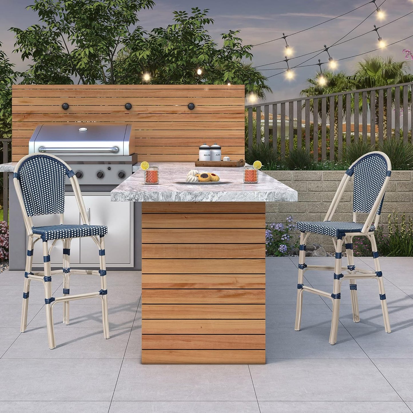 PURPLE LEAF French Bar Stool Set of 2 White Print Finish Patio Bar Stools with Back Rattan Chairs Wicker Bar Height Stool 30" with Footrest Kitchen Island Stools Outdoor Barstool Royal Blue