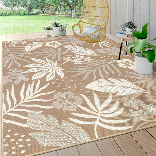 Pauwer Waterproof Outdoor Rug 9x12, Reversible Plastic Straw Patio Camping Rug, Indoor Outdoor RV Mat Carpet for Deck, Camper, Porch, Balcony, Backyard, Picnic, Floral Brown