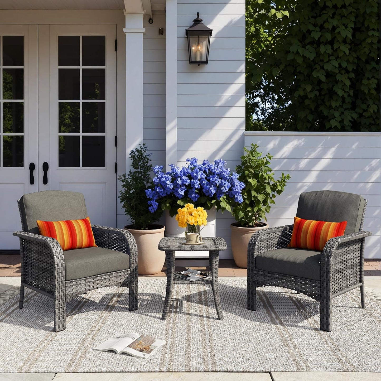 HOOOWOOO Patio Furniture Set,3 Pieces Outdoor Conversation Set,All Weather Wicker Bistro Set Yard Porch High Back Chairs Side Table,Black