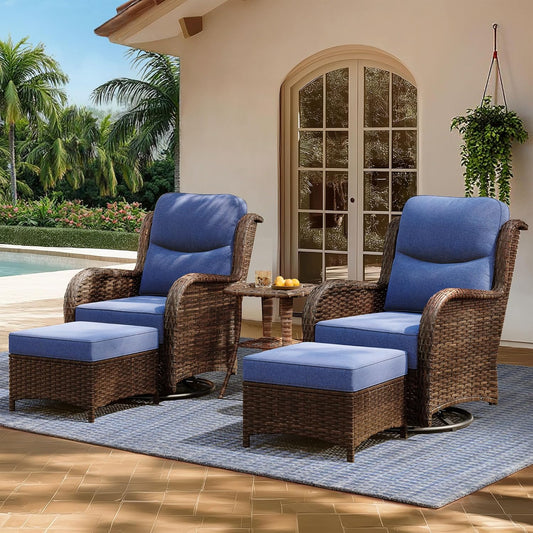 HILLGA Luxury Patio Furniture Set with 6-Inch Thick Cushions, High Back Outdoor Swivel Rocker Chairs and Ottoman, 5-Piece All Weather Conversation Set for Porch Deck Balcony Yard, Blue (V3)