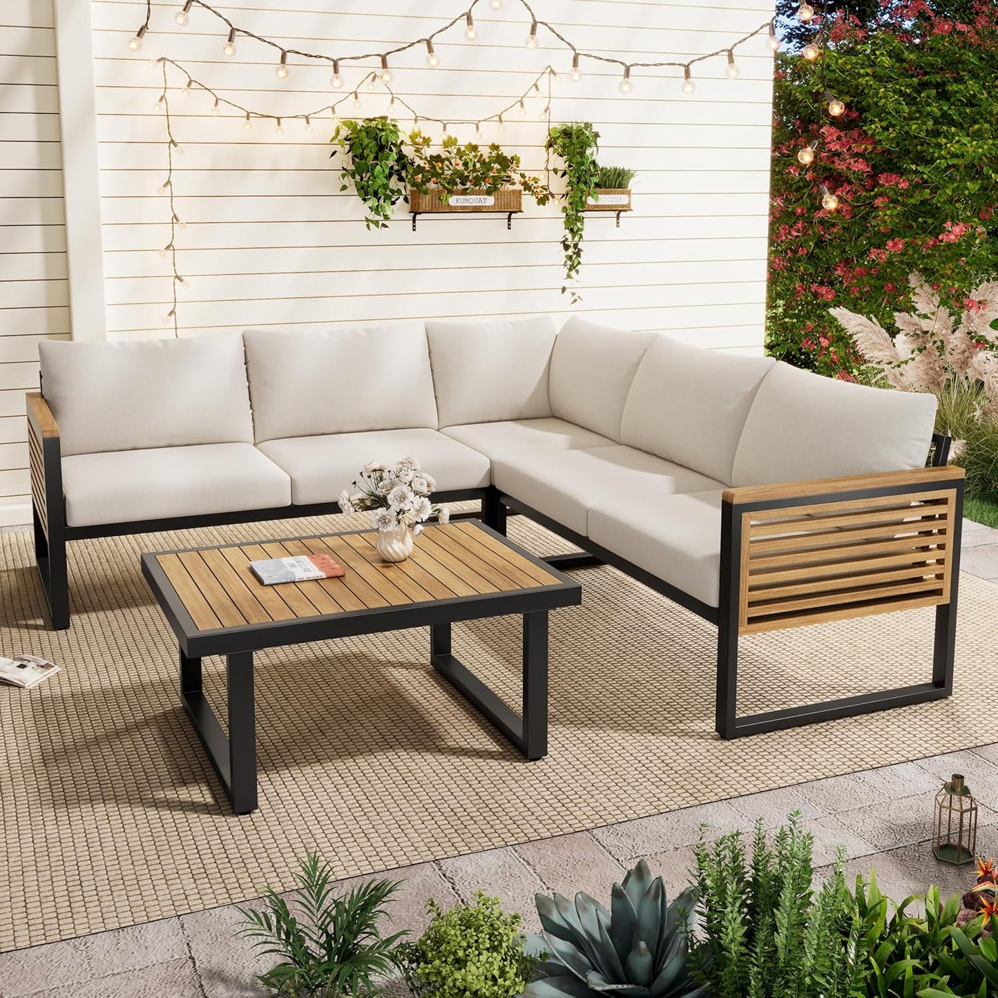 Outdoor Patio Furniture Set, 4-Piece Acacia Wood and Metal Patio Sofa Corner Set with Coffee Table, Modern Conversation Set for Backyard Porch Garden Balcony