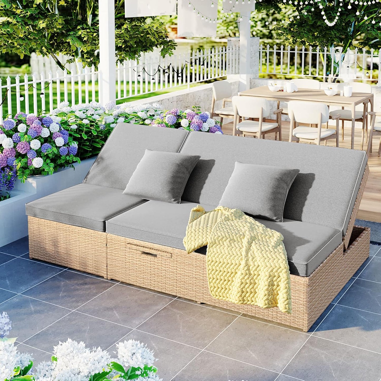 kevinplus Outdoor Daybed Patio Sunbed, Wicker Rattan Patio Reclining Chairs with Adjustable Backrest and Seat & Foldable Cupholder for Garden Poolside Balcony, Brown