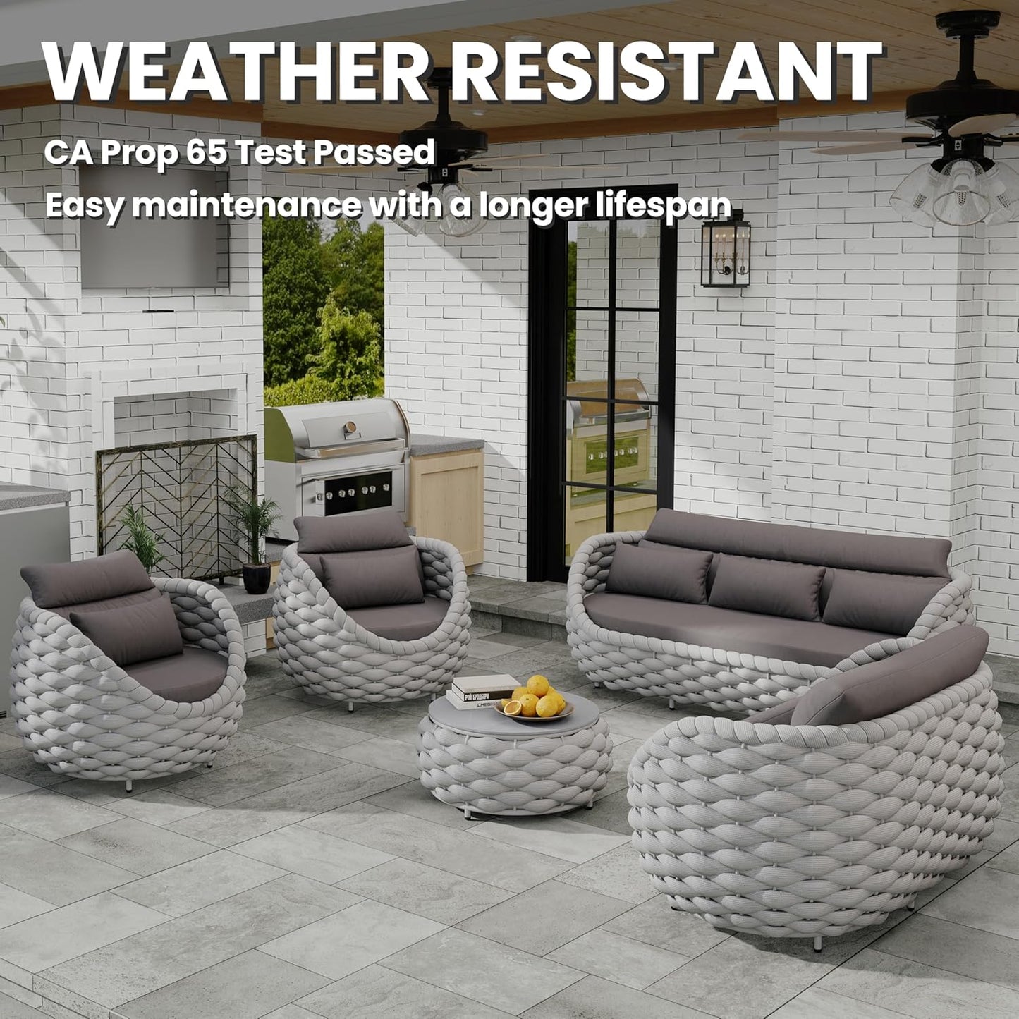 Patio Conversation Deck Furniture Sets: 6-Piece Aluminum Woven Rope Outdoor Sofa Set - Modern Cushions Couch Set - No Assembly Metal Porch Seating for Deck Yard Garden Lanai Pool Hotel Resort