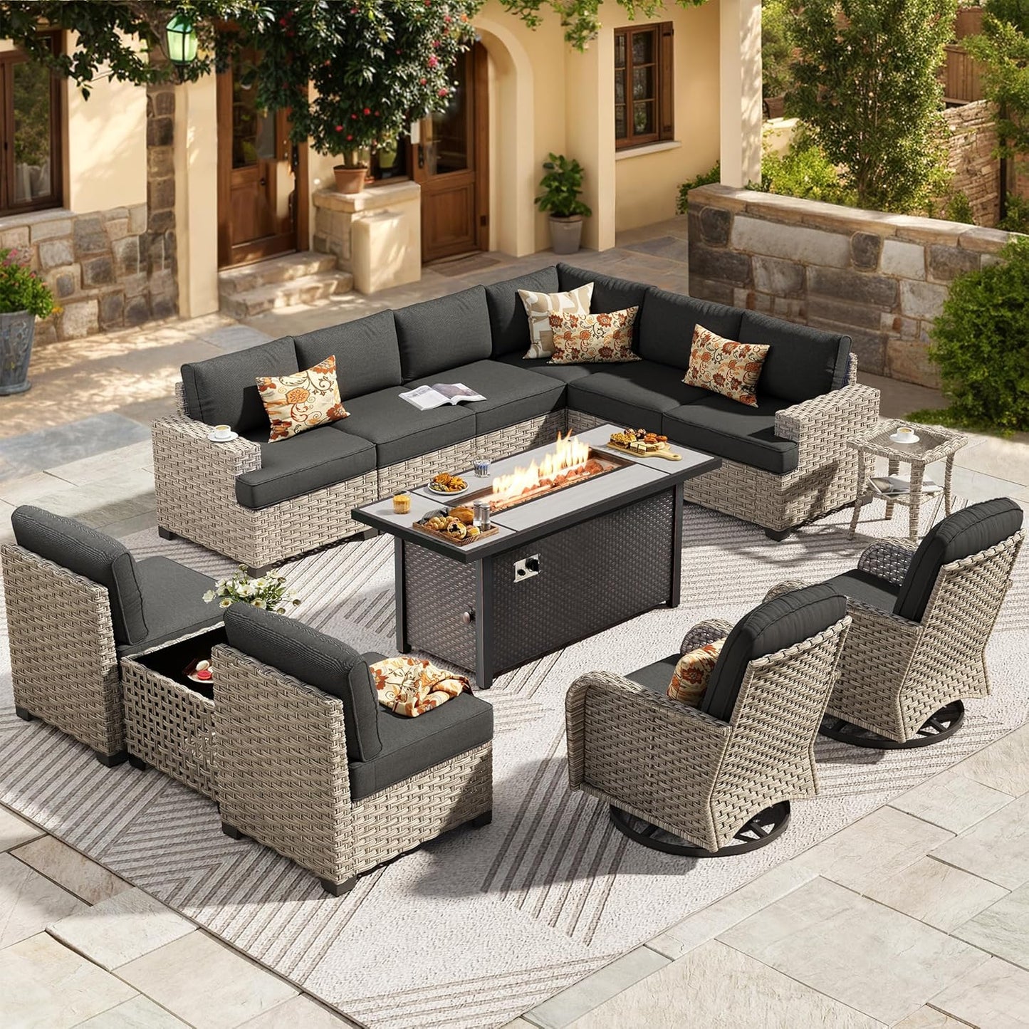 HOOOWOOO Outdoor Sectional Patio Furniture Set with Fire Pit Table,13 Pieces Wicker Conversation Sets L Shaped Couch,Extra Deep Out Door Sofa Outside Furniture with Swivel Chairs,Black